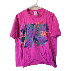Vintage USA Olympic Puff Graphic Shirt Floral Pastel Bright Pink Flowers 80s/90s